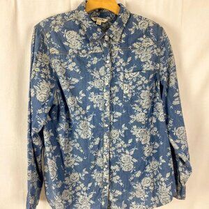 Tanturms Chambray Floral Cottage Core Pearl Snap Cotton Blouse Women's Large.
